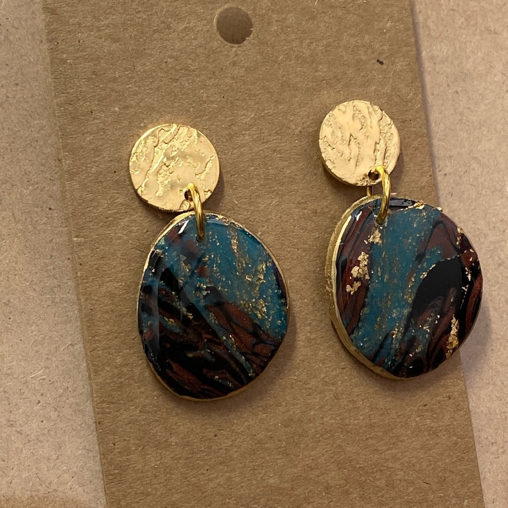 Hand crafted polymer clay drop earrings with 18kt gold edging